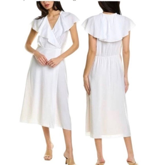 VINCE‎ Braid Trim Flutter Belted Sleeve Wrap Dress Optic White Size L - Picture 1 of 8